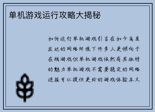 单机游戏运行攻略大揭秘